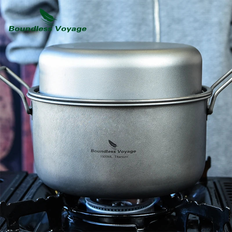 Boundless Voyage Camping Cooking Pot Multifunctional Titanium Steamer Soup Pot Frying Pan Set with Lid Outdoor Mess Kit Ti2057C