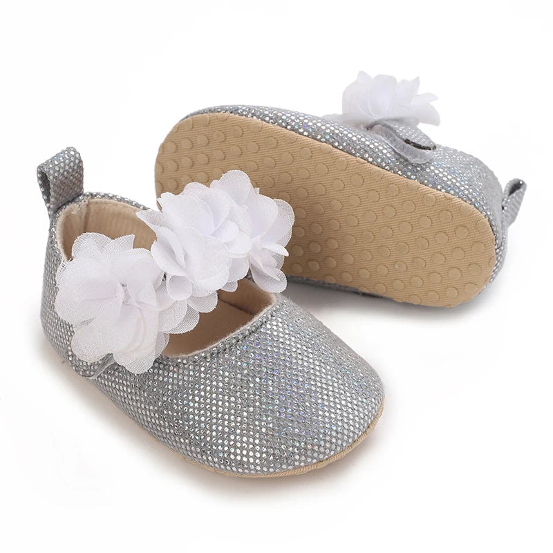 Spring and Autumn Baby Cute Silver Princess Shoes 0-12 Months Comfortable Walking Shoes for Baby Girls