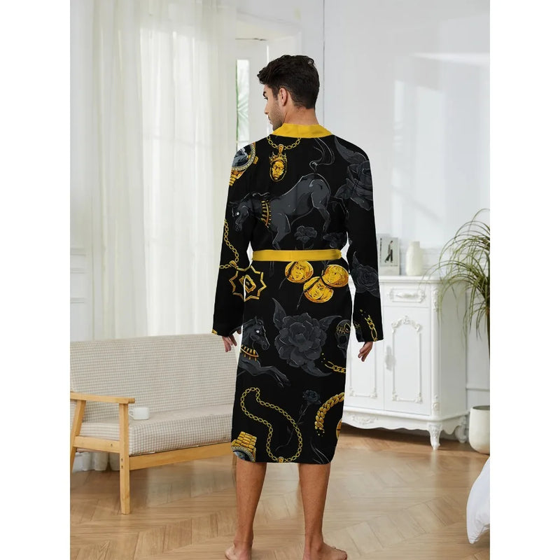 Men's Long Robe Quick Drying Spring and Autumn Home Trend Fun Digital Printed Nightgown for Leisure and Entertainment.