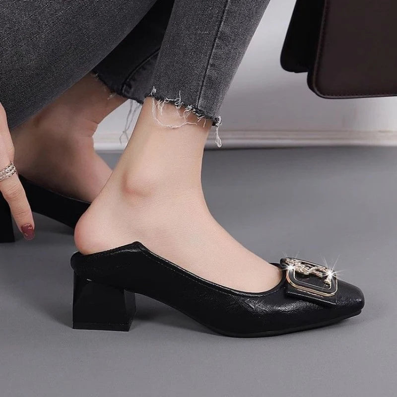 2026 New Women's Square Toe Chunky High Heels - Rhinestone Metal Buckle Commuter Pumps, Elegant Mid Heel Office Pumps