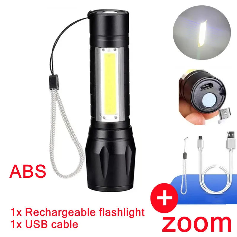 PwwQmm Portable USB LED Flashlight XPE COB Flashlight with 3 Modes Rechargeable Zoom Flashlight Light Waterproof Camping Light