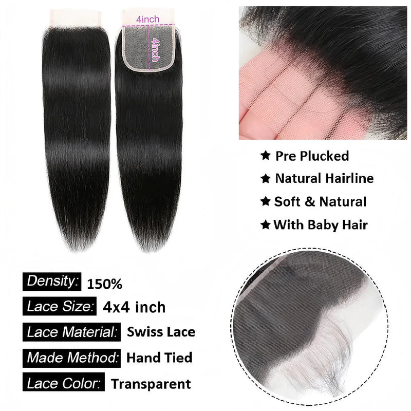 Straight 13x6 Lace Frontal Only 360 Lace Brazilian Virgin Human Hair 2x6 Lace Closure 4x4 5x5 Transparent Swiss Lace Closure