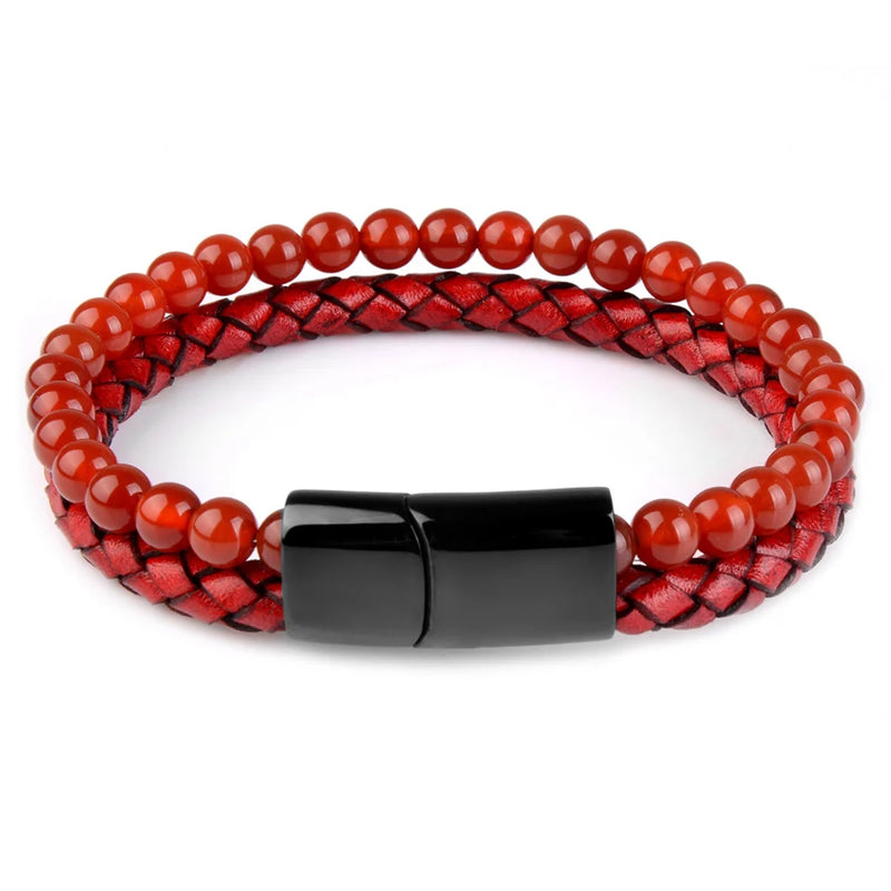 Natural Stone Bracelet Genuine Leather Braided Bracelets Black Stainless Steel Magnetic Clasp Tiger eye Bead Bangle Men Jewelry