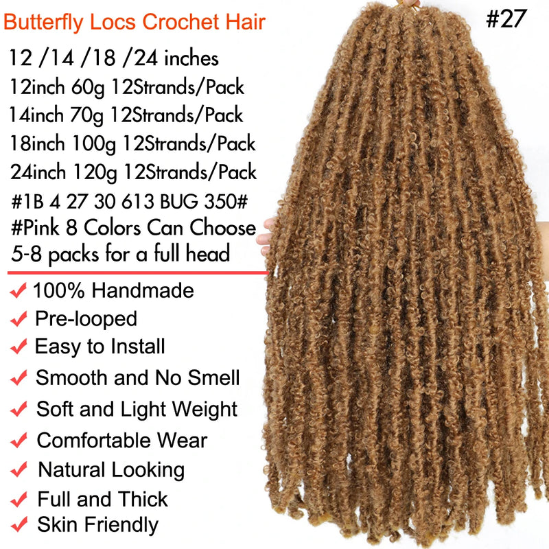 1- 8 Packs Butterfly Faux Locks Crochet Hair Boho Soft Locs Braiding Hair Distressed Pre Looped Synthetic Butterfly Locs Twists