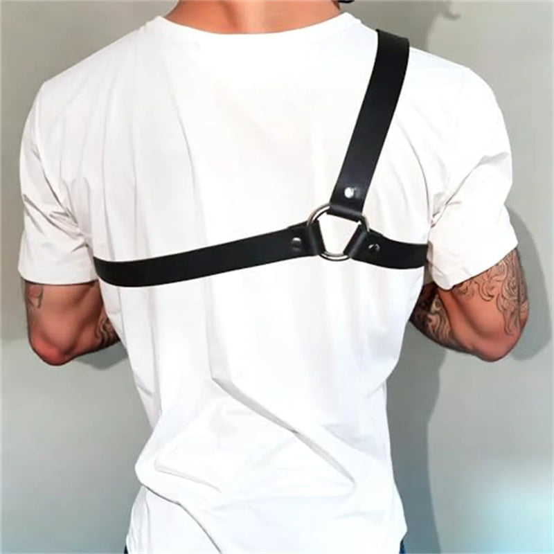 Gothic Men Leather Suspenders Belt Men's Black Leather Single Shoulder Harness - Adjustable Punk Chest Strap for Gothic Outfits