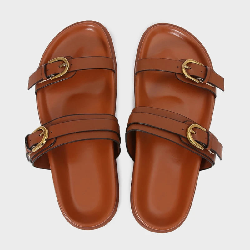 Women's Flat Slide Sandals Double Strap Buckle Premium Soft PU Leather Open Toe Casual Summer Beach Slippers 2026