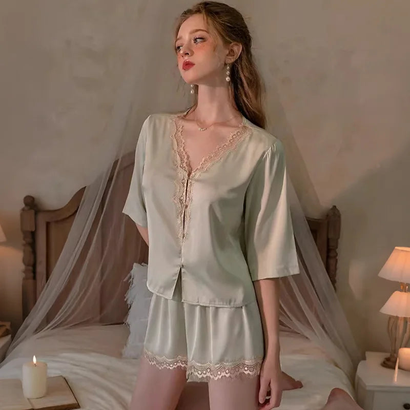 Women's French-Style Ice-Silk Pajamas Set Sexy Lace | SAMAG