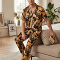 Men's Summer Ice Silk Hawaiian Floral Button-Up Short Sleeve Shirt Elastic Waistband Long Pants Comfy 2 Piece Set for Beach Suit