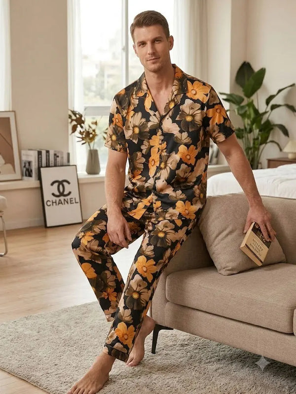 Men's Summer Ice Silk Hawaiian Floral Button-Up Short Sleeve Shirt Elastic Waistband Long Pants Comfy 2 Piece Set for Beach Suit