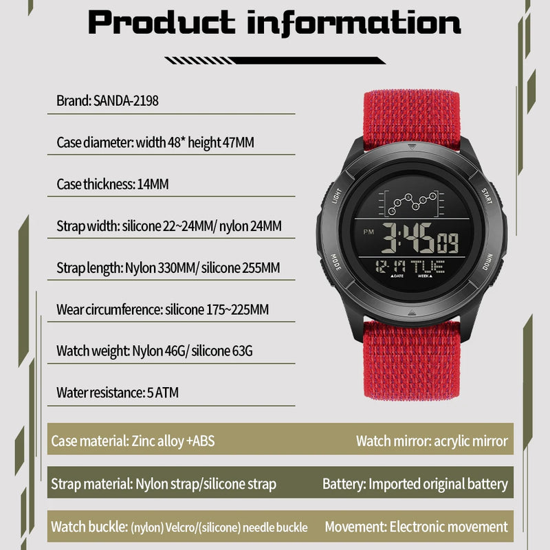 SANDA 2198 Timing Men's Electronic Watch Outdoor Climbing Sports Waterproof LED Large Dial Alarm Clock - Visuel 5 | SAMAG