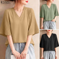 ZANZEA Summer Elegant V Neck Short Sleeve Blouse Women | SAMAG