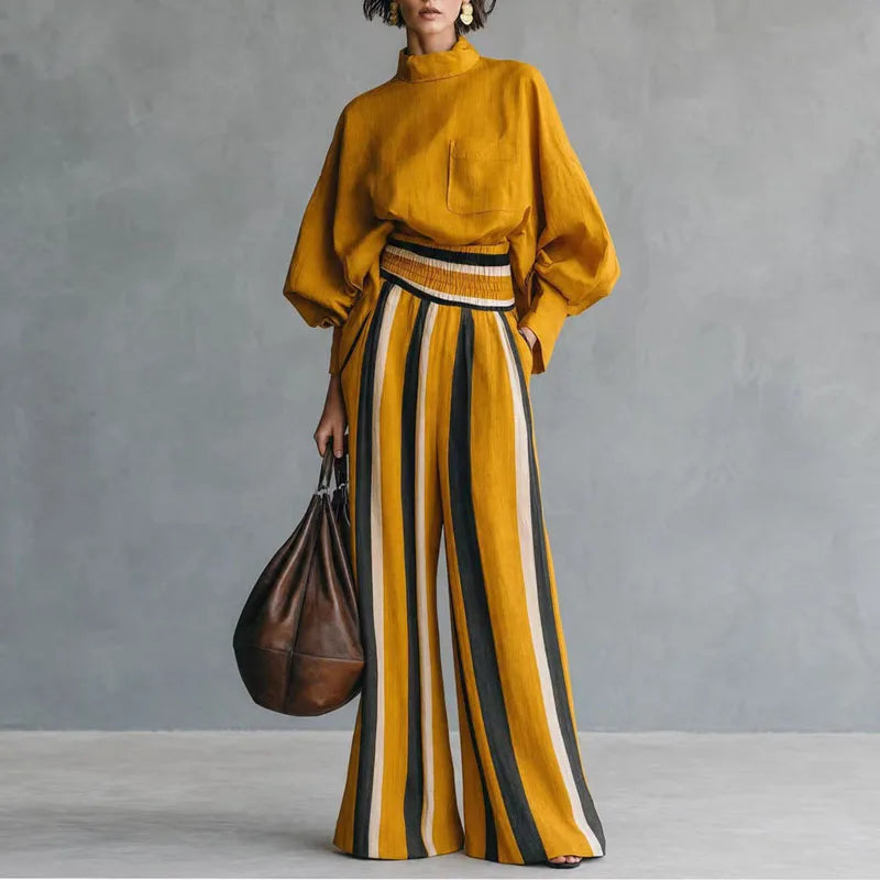 Stand Collar Top & Flare Pants Suits Women Lantern Sleeve Pocket Contrast Two Piece Set High Waist Resort Casual Matching Outfit