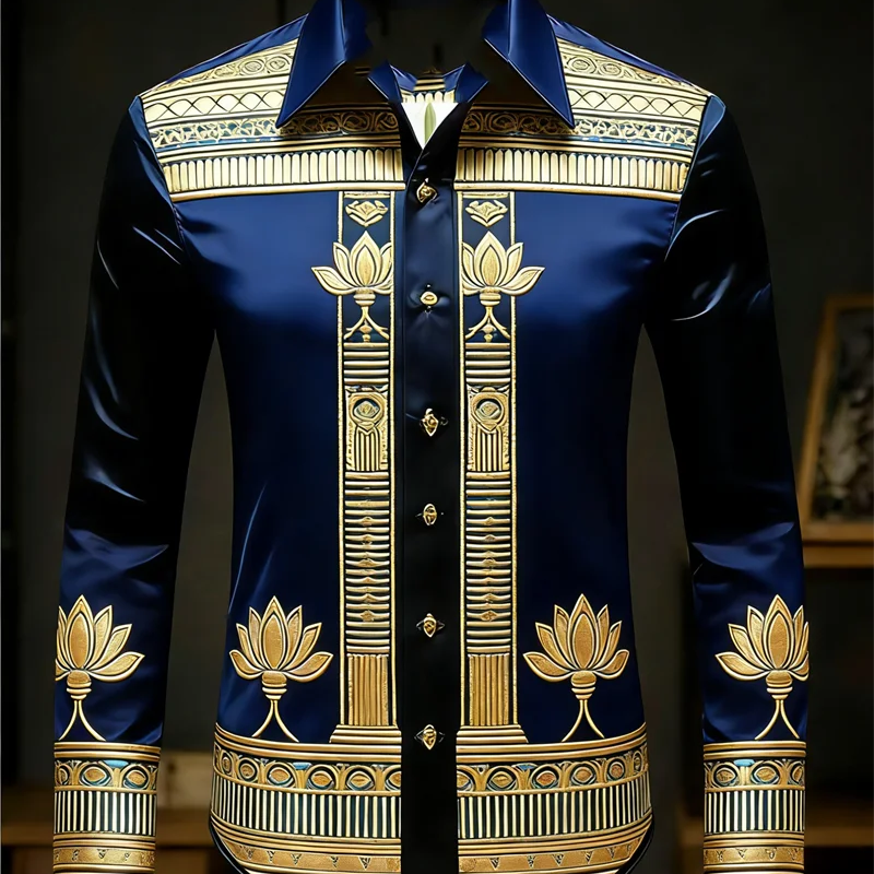 New men's long sleeved shirt with gold lotus 3D printed | SAMAG