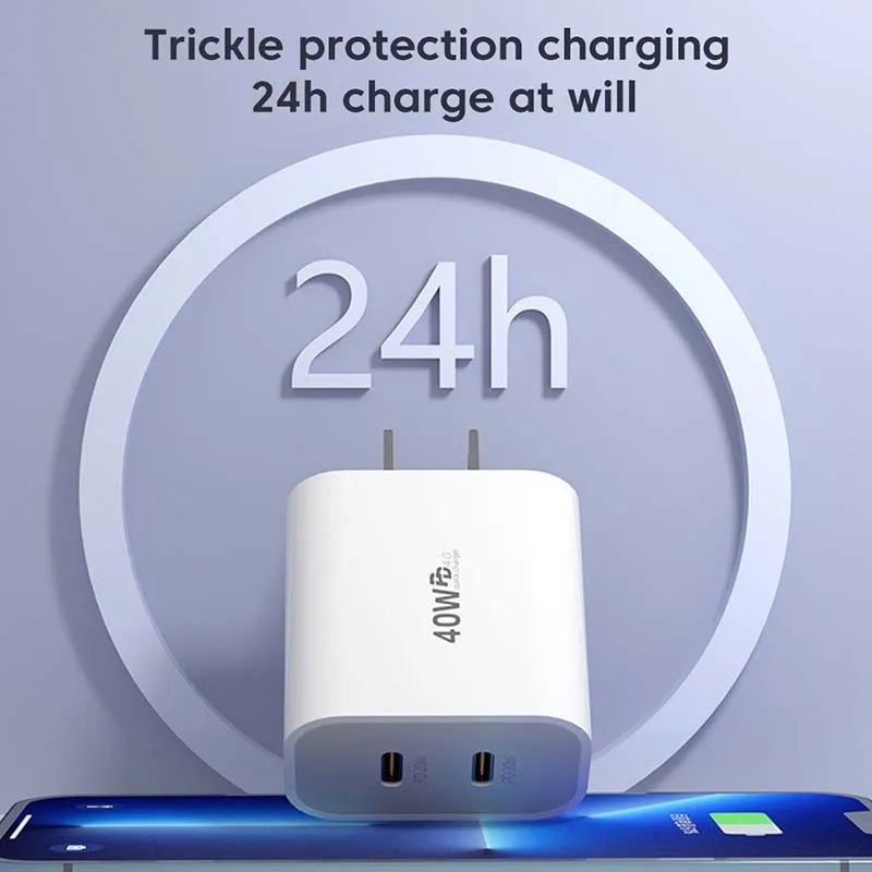 40W Fast Charger Type C Dual Port PD Fast Charging Charger Adapter For iPhone 15 14 Samsung S23 Xiaomi 10A USB C To USB C Cable