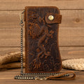 Men's Vintage Crazy Horse Leather Chain Wallet Genuine Leather Bifold Long Wallet Snap Card Holder Purse Zipper Coin Rfid Pocket