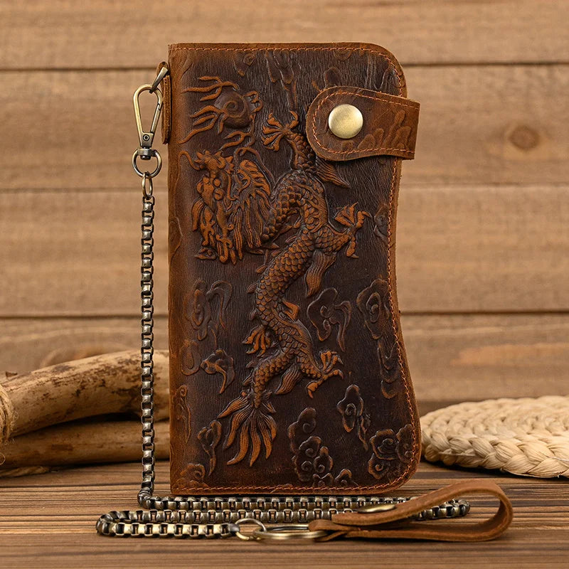 Men's Vintage Crazy Horse Leather Chain Wallet Genuine Leather Bifold Long Wallet Snap Card Holder Purse Zipper Coin Rfid Pocket