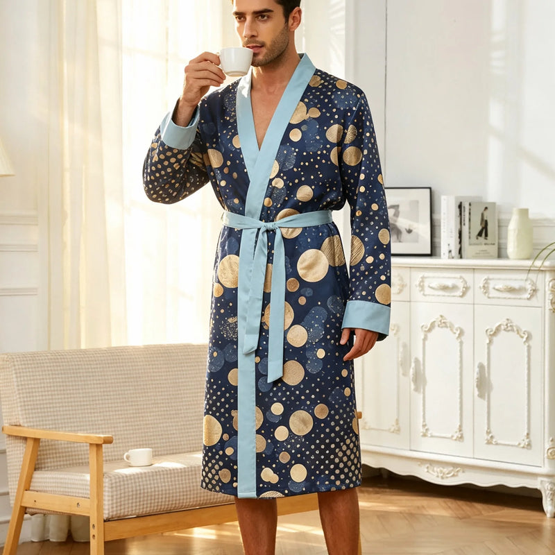 Men's lightweight quick-drying pajama bathrobe - 3D digital printing, non-fading design, stand-up collar and adjustable waistban