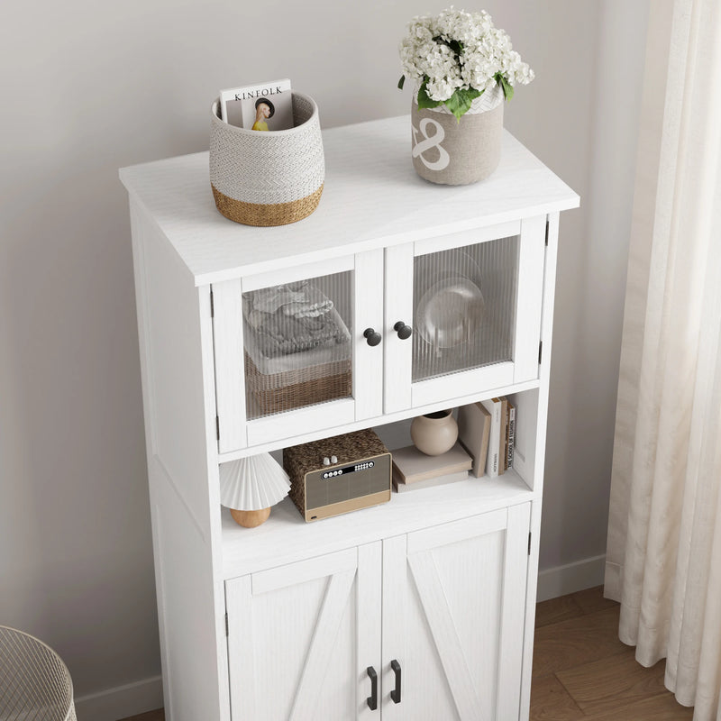 Free Standing Kitchen Pantry Cupboard with 4 Doors and Open Space 128cm Bathroom Tall Cabinet with Tempered Glass Doors