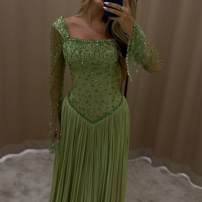 Mila Customized Green A-line Pleats Square Collar Prom | SAMAG