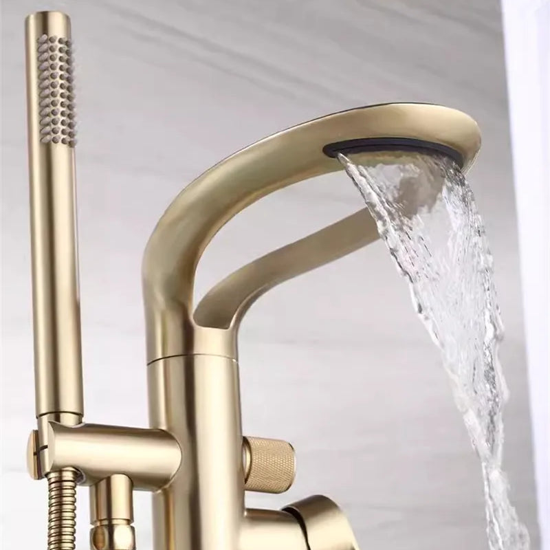 Tuqiu Brushed Gold Bathroom Bathtub Faucet + Handheld Shower Free Standing Luxury Waterfll BathTub Mixer Taps Floor Mounted