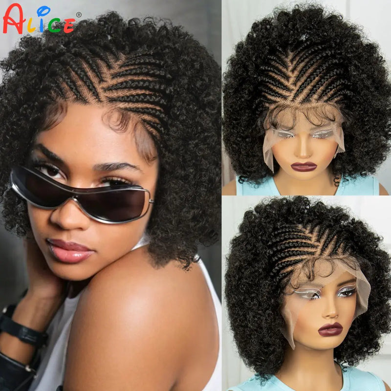 Full Lace Natural Cornrow Braided Wigs 8inch Synthetic Afro Kinky Curly Short Braided Lace Wigs With Baby Hair for Black Women