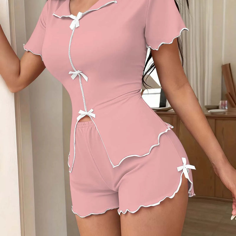 Women's Sweet Pajamas Set Bow Short Sleeve | SAMAG