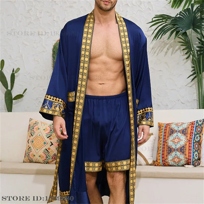 Men Pajama 2PCS Robe Set Spring Summer New Silk Satin Sleepwear Kimono Bathrobe Gown Loose Casual Home Clothing Loungewear
