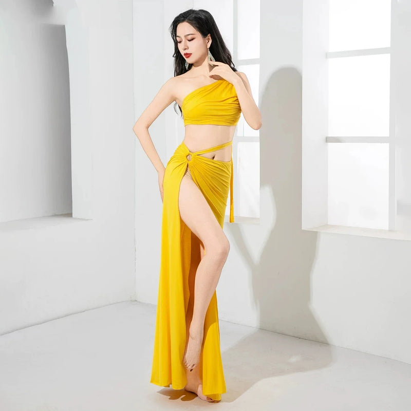Women Girls Belly Dance Costume Set 2 Piece Half Sleeve Top Long Tassel Skirt Professional Bellydance Training Performance Wear