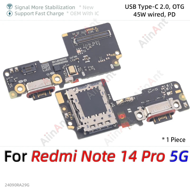 Bottom USB Charger Board Dock Connector Charging Port Flex Cable For Xiaomi Redmi Note 13 14 13C 14C 14R 13R Pro Plus 4G 5G Part