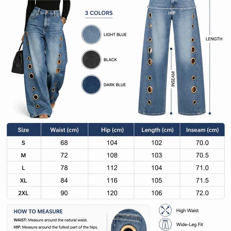 Women High Waist Wide Leg Jeans, Side Cutout Eyelet Rivet Denim Pants Loose Fit Hollow Out Flared Trousers Streetwear Fashion Baggy Jeans with Pockets