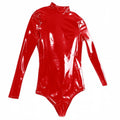Ftshist Women Glossy PU Leather Bodysuit Long Sleeve High Neck Back Zipper Tight Fit Stretchy Club Cosplay Dance Costume