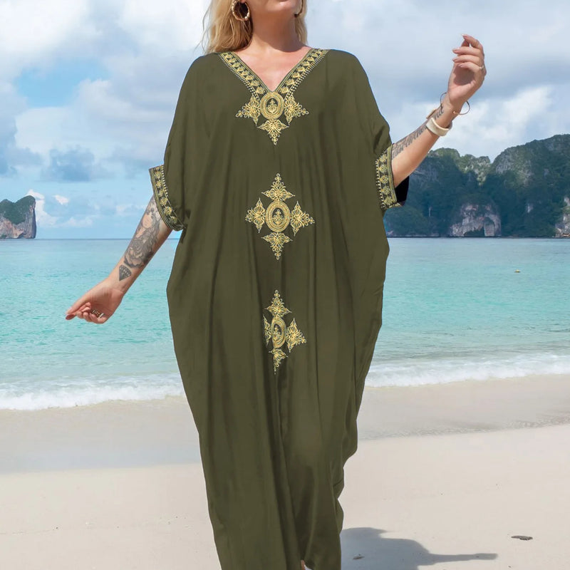 Women's Clothing Gold Embroidery Long Kaftan Dresses V Neck Caftan Dress Beach Cover Ups Tunic Maxi Dress