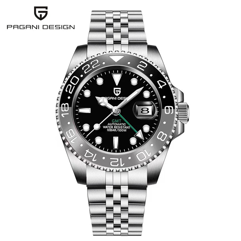 Top PAGANI DESIGN PD1662 Men GMT Automatic Mechanical Watch Black Ceramic Bezel Sapphire Glass 100M Waterproof Jubilee Stainless Steel Bracelet Sports Diver Wristwatch Reloj Hombre+gift box