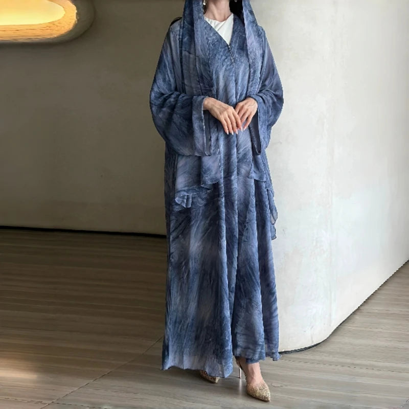 Horetong Muslim Abaya Robe Women Marble Print Chiffon V | SAMAG
