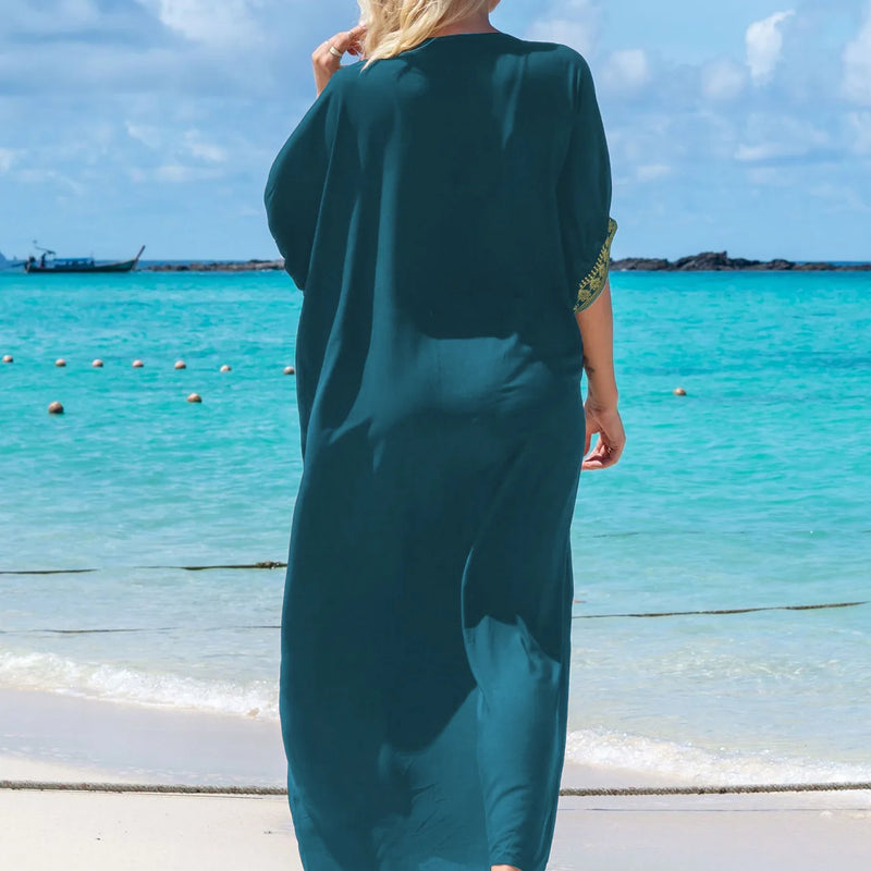 Women's Clothing Gold Embroidery Long Kaftan Dresses V Neck Caftan Dress Beach Cover Ups Tunic Maxi Dress