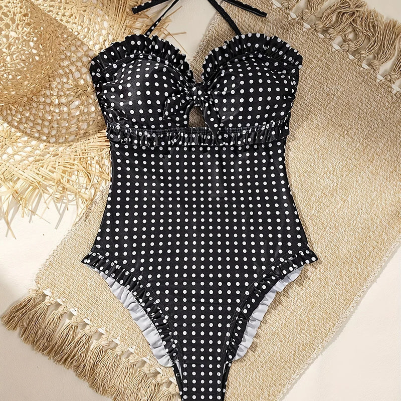 Polka Dot One Piece Swimsuit Sexy Halter Neck with Tie | SAMAG