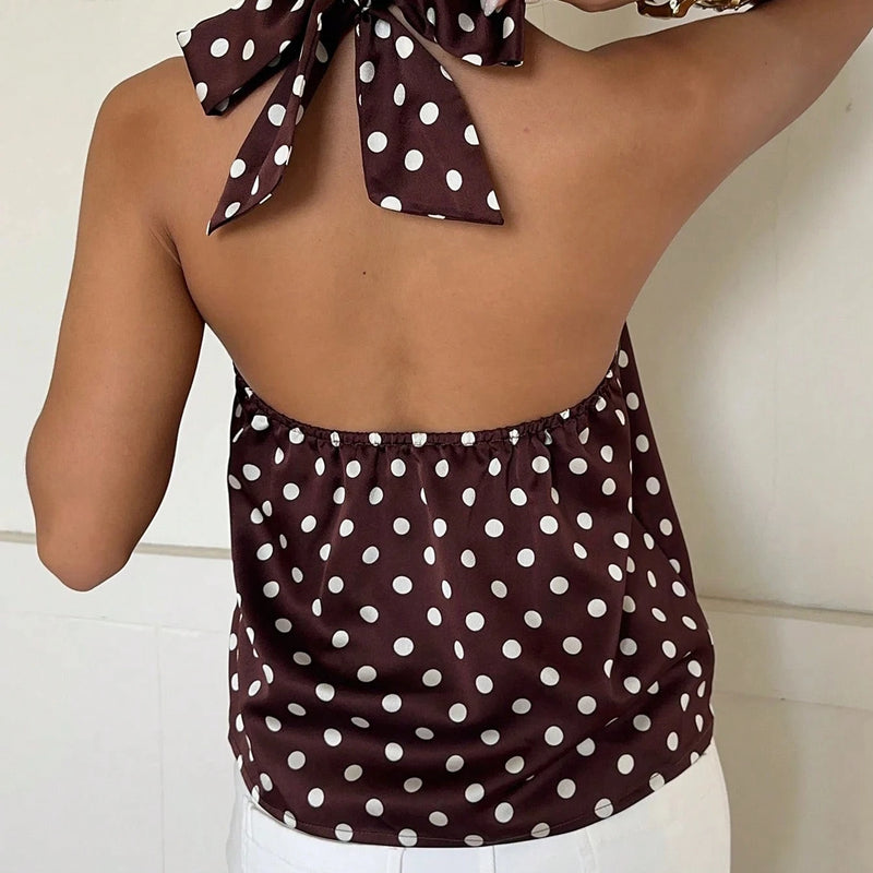 Women's Fashion Polka Dot Print Halter Necktie Top One Piece Round Dot Patterned Halter Style Vest-Style Upper Apparel