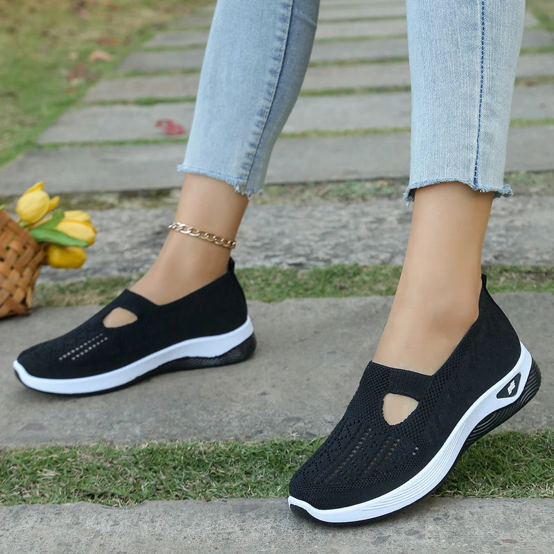 Women's shoes, women's casual shoes, solid color breathable sports shoes, soft-soled lightweight walking shoes, low-top knitted