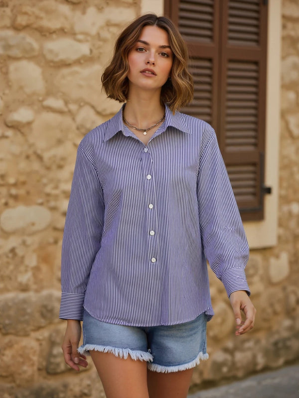 AOSSVIAO 2026 Spring Autumn Classic Striped Woman Blouses Shirt Lady Long Lantern Sleeve Stand Collar Loose Blusas Tops