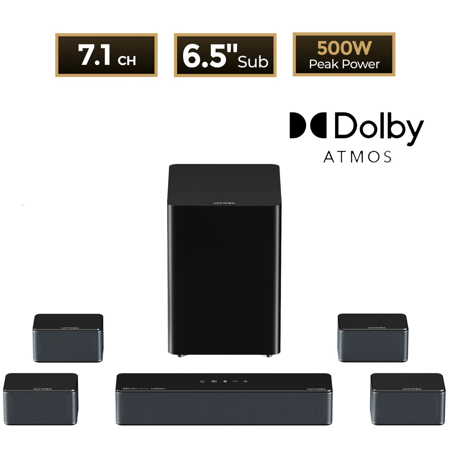 ULTIMEA Poseidon D80 Boom 7.1ch Dolby Atmos Soundbar Surround Sound, Wireless Subwoofer & 4 Surround Speakers, BassMX Technology
