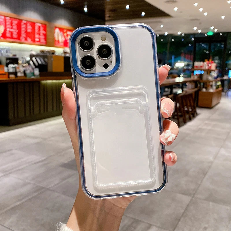 Simple Fashion Card Pocket Bag Colorful Bumper Phone Case For iPhone 16 17 Pro Max 15 14 13 12 11 16 Plus Air Clear Back Cover