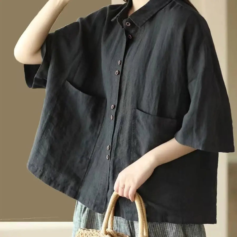 Retro Cotton Linen ort Sve Women's irt Summer New Loose Casual  Collar Top Faion Korean Sle Thin Material