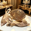 2026 Italian Peach Gold Rhinestone HAND CRAFTED UPPER Pointed Toe Women High Heels Shoes and Bag Set Elegant Party Shoes