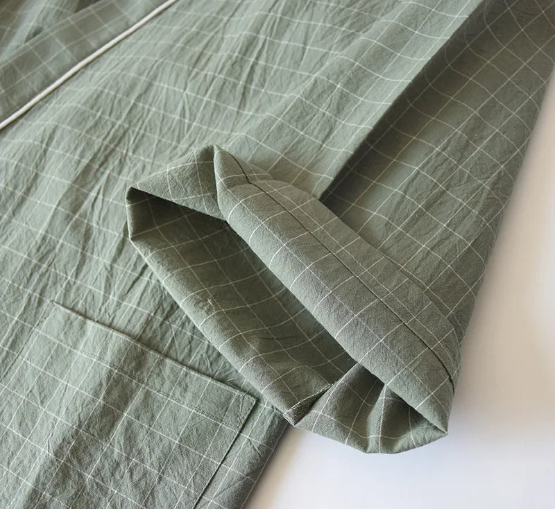 Japanese-style Kimono, Cotton Gauze, Spring And Autumn Men's Plaid Nightgown Two-piece Home Service Yukata Lace-up Pajama Set