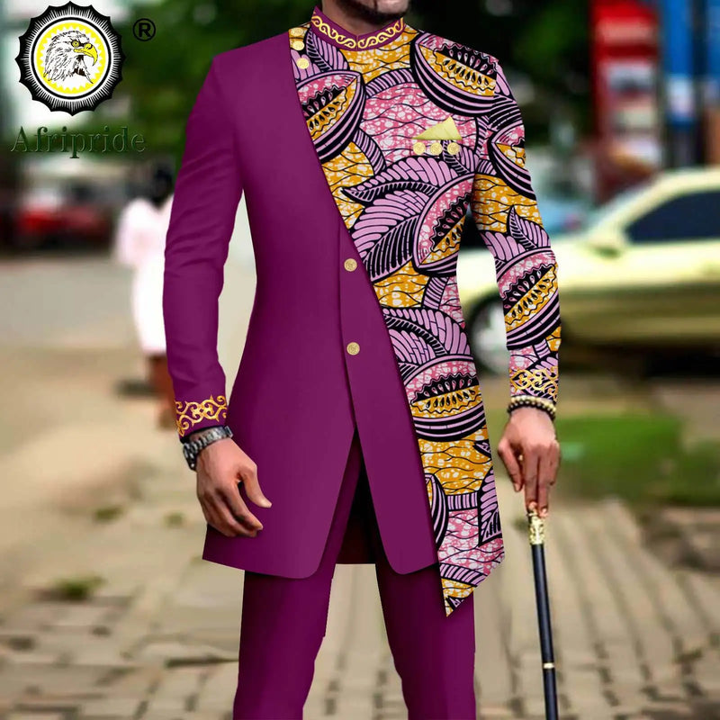 African Suits for Men Embroidery Print Blazer and Pants Set Business Dress with Kerchief Party Wedding - View 17 | SAMAG
