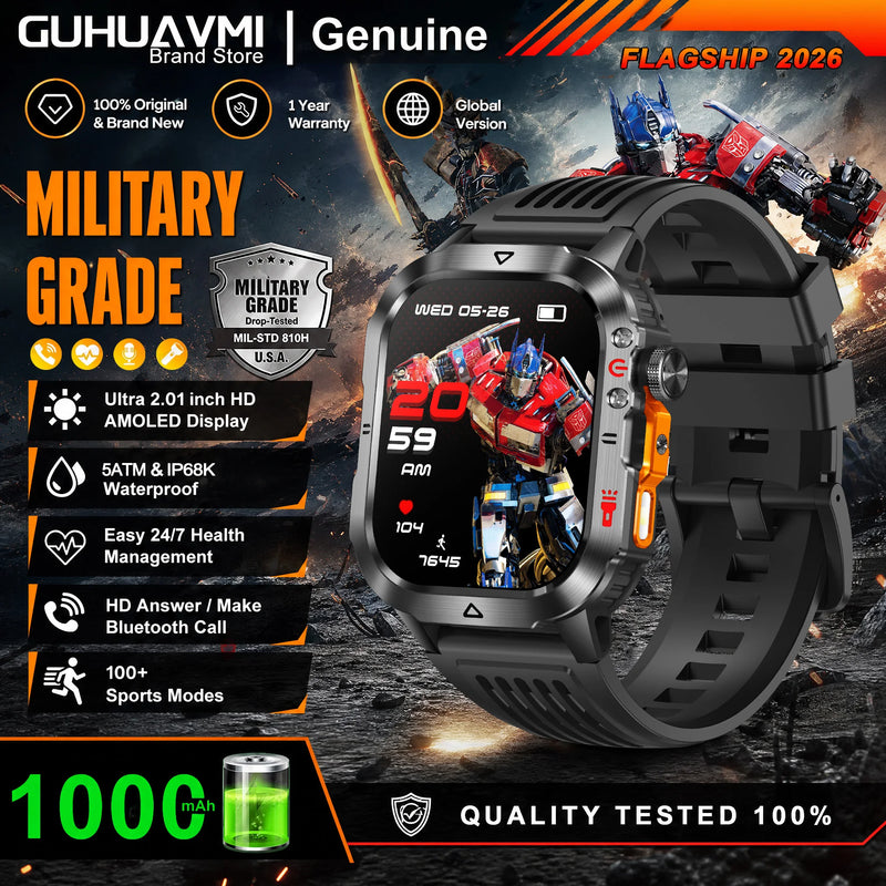 New Bumblebee Military Smart Watch 1000mAh Bluetooth Call LED Flashlight BP Monitor 100+Sports 5ATM Waterproof For iOS Android