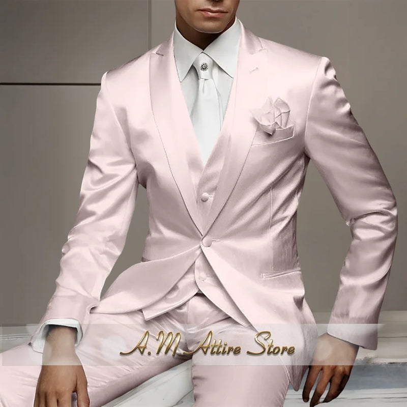 Men's Wedding Party Suits 3 Piece White Satin Mikado Jacket Vest Pants Set for Summer Banquet Party Father Gift Tailored Fit
