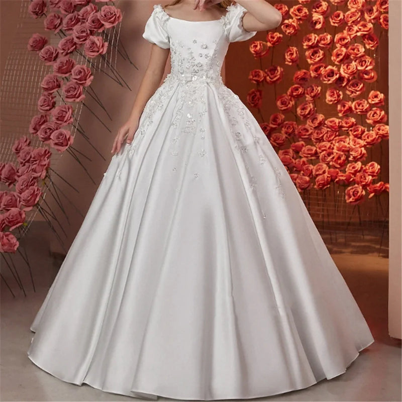 Elegant Flower Girl Dresses for Wedding Satin Beaded - View 3 | SAMAG