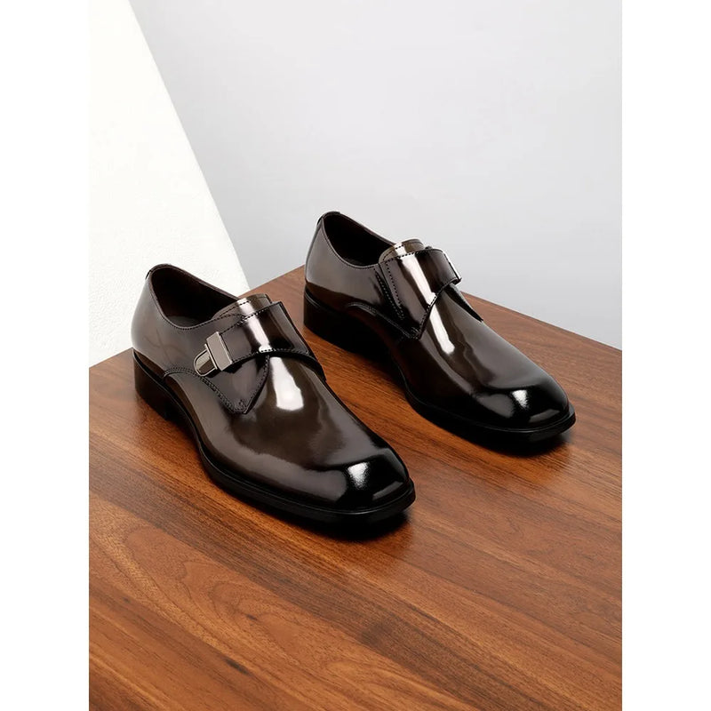 2026 Brown Arrival British Style Genuine Leather Men's Dress Shoes Buckle Square Toe Shiny Wedding Shoes Fashion