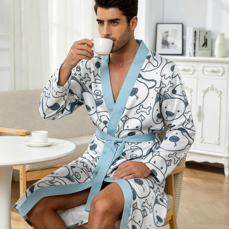Men's lightweight quick-drying pajama bathrobe - 3D digital printing, non-fading design, stand-up collar and adjustable waistban